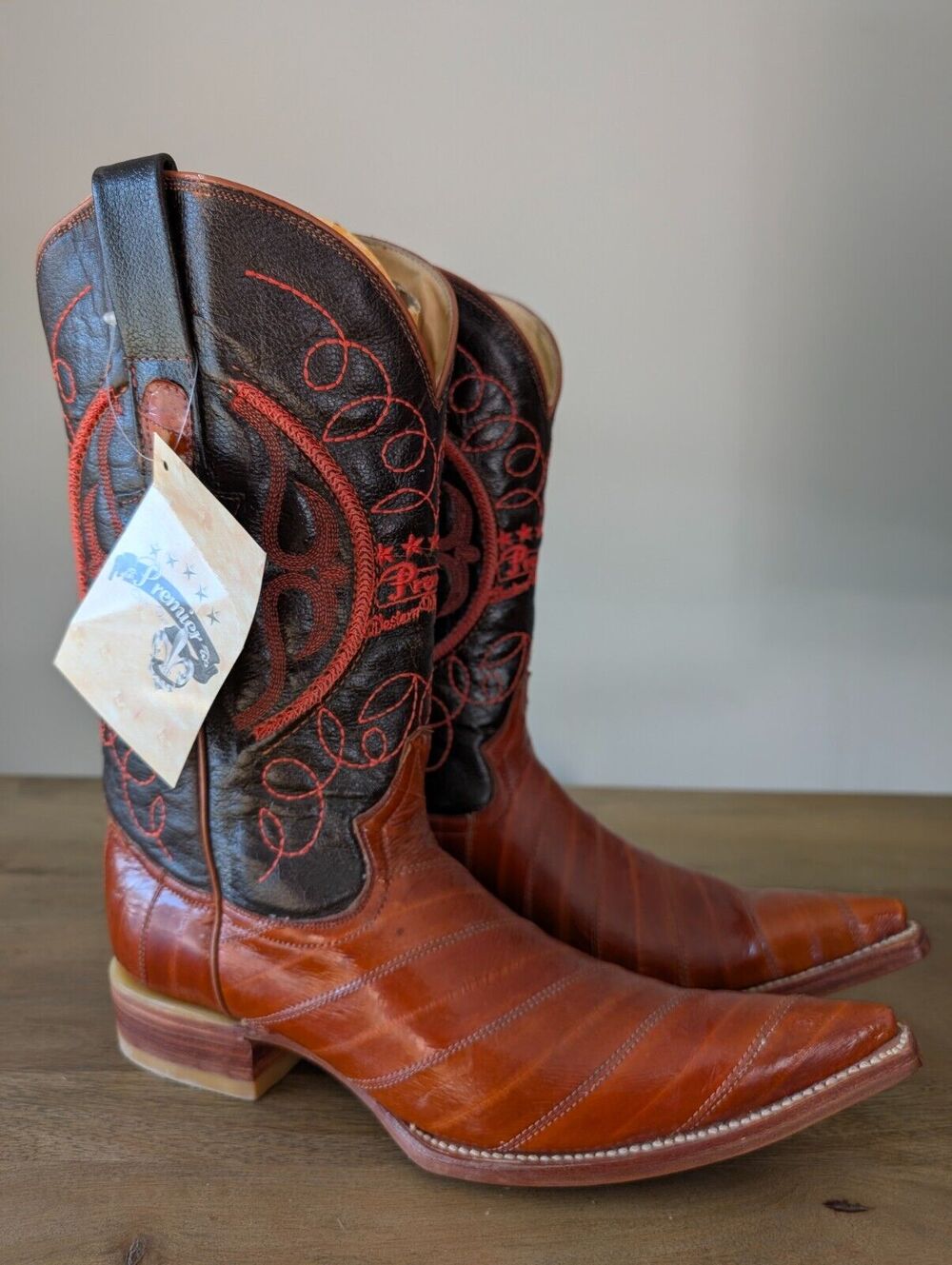 Premier Cowboy Boots Mens Size 8 Brown Leather Embroidered Pointed Toe Pull On